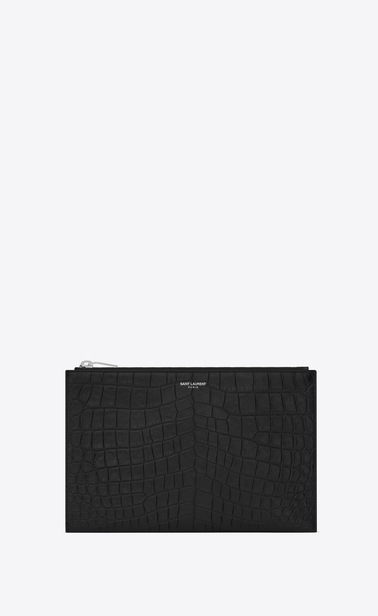 saint laurent paris zipped mini tablet sleeve in black crocodile embossed leather